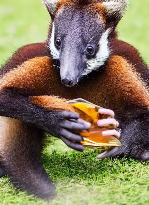 Image similar to coati drinking a whisky bare hands