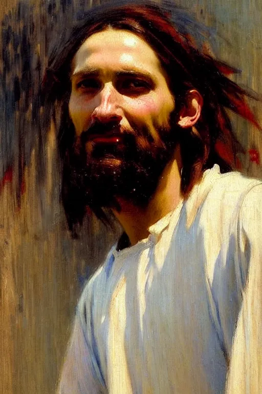 Image similar to impressionist brushstrokes!!!!!!!!! solomon joseph solomon and richard schmid and jeremy lipking victorian loose genre loose painting full length portrait painting of jesus with a slight smile happy inviting