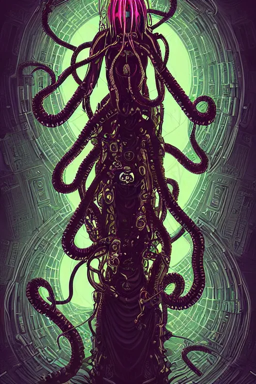 Image similar to Perfectly-centered hyperdetailed symmetrical cinematic surreal arthouse aetherpunk RPG professionally made portrait-illustration of a cyberpunk Medusa dressed in a lovecraftian dress with long ravepunk snakes as hair standing next to sinister otherworldly towers, bionic background, epic comic book cover style, 3D rim light, masterpiece, Gsociety, professional post-processing