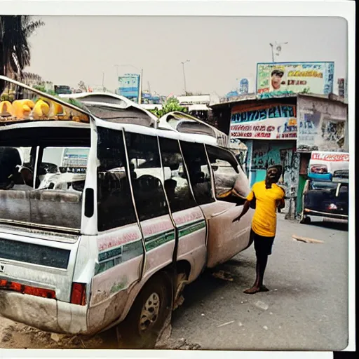 Image similar to old polaroids of futuristic african mobile market places in lagos traffic, side of taxi as fruit stand, digital advertising screens