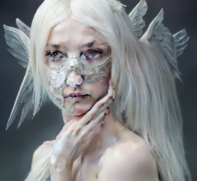 Prompt: symmetry!! cancer!! female portrait, beautiful, detailed white long hair, elf ears, wings, intricate hidden face mask, melting, complex 3 d render by ilya kuvshinov, alphonse mucha, ryohei hase, dramatic lighting, intricate, highly detailed, final fantasy, sharp focus, luminous, unreal engine 5 rendered, blender, deviant