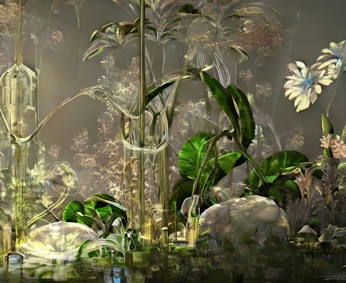 Prompt: simplicity, transparent clear see - through photo of lab equipment, lush botany, floral environment, ultra realistic, concept art, pop art, photorealistic, octane render, 8 k, unreal engine. art by gustave dore and nori inoguchi and sam kaplan and zachary goulko and christopher marley and artgerm and alphonse mucha