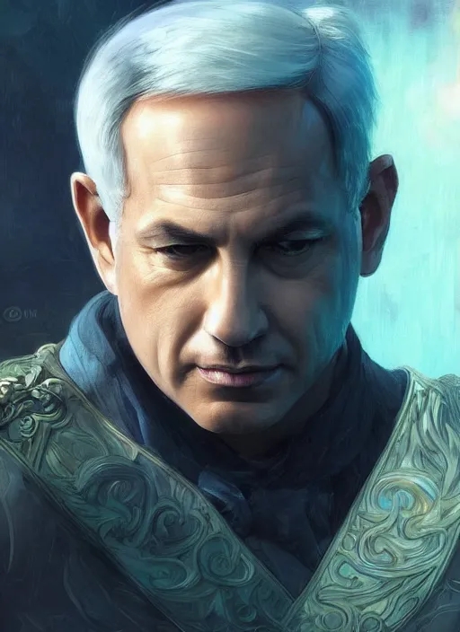 Image similar to beautiful benjamin netanyahu, elegant, closeup, fantasy, intricate, elegant, highly detailed, digital painting, artstation, concept art, matte, sharp focus, illustration, art by artgerm and greg rutkowski and alphonse mucha