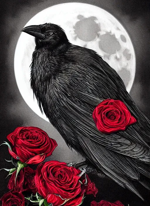 Image similar to portrait, A crow with red eyes in front of the full big moon, book cover, red roses, red white black colors, establishing shot, extremly high detail, foto realistic, cinematic lighting, pen and ink, intricate line drawings, by Yoshitaka Amano, Ruan Jia, Kentaro Miura, Artgerm, post processed, concept art, artstation, matte painting, style by eddie mendoza, raphael lacoste, alex ross