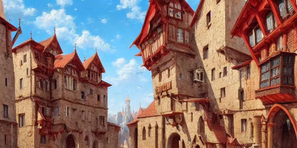 Image similar to hyper realistic oil painting of a medieval city, houses made out of red stone, houses made out of white stone, hyper detailed, high contrast, bright, summer, blue skies, by Greg Rutkowski, trending on artstation