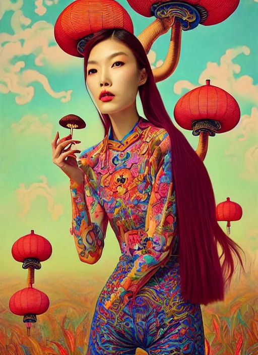 Image similar to pretty chinese model with hallucination mushroom : : by martine johanna and simon stalenhag and chie yoshii and casey weldon and wlop : : ornate, dynamic, particulate, rich colors, intricate, elegant, highly detailed, centered, vogue, harper's bazaar art, fashion magazine, smooth, sharp focus, octane render, 8 k