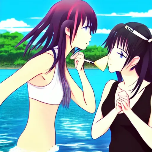 Image similar to two beautiful lesbian girls in love, smoking a hemp cigarette in front of a lake, in the style of anime, pixiv, intricate, elegant, highly detailed, lush, stylized, japanese, smooth