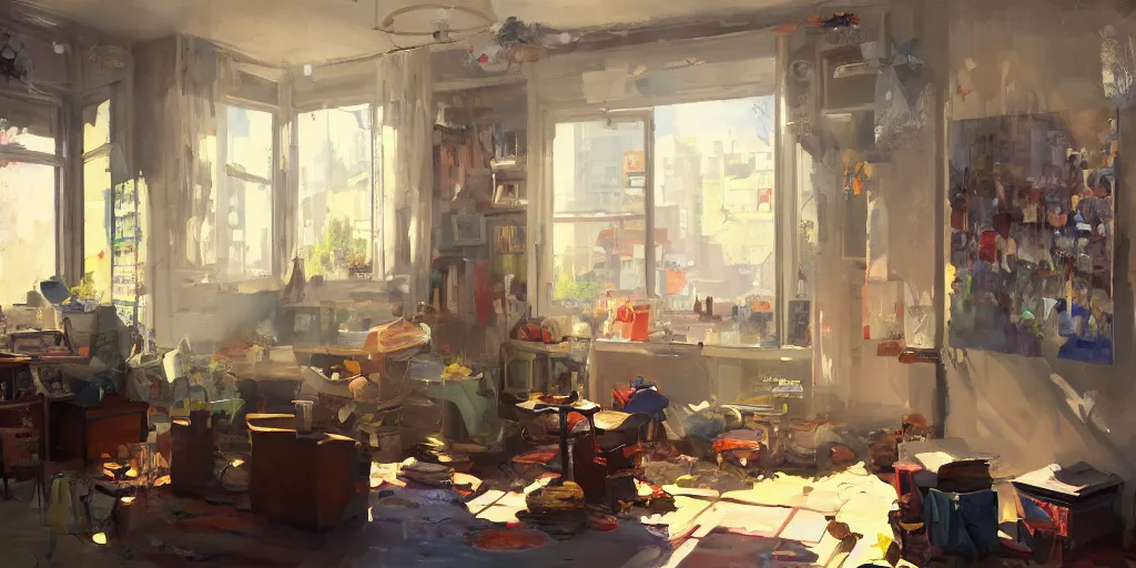 Prompt: A ultradetailed beautiful panting of a messy moders apartment, bright sunny day, Oil painting, by Ilya Kuvshinov, Greg Rutkowski and Makoto Shinkai