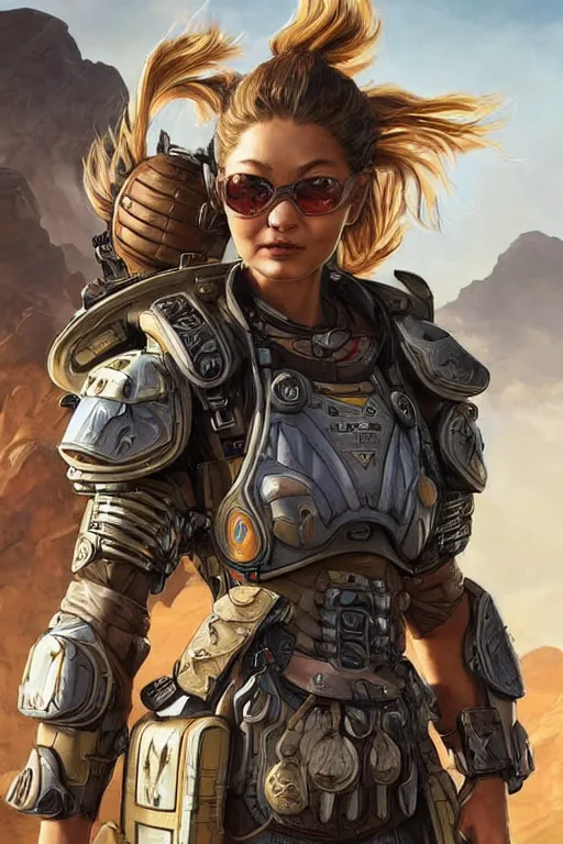 Prompt: Gigi Hadid in Apex Legends Armor dropping into battle character digital illustration portrait design by, Mark Brooks and Brad Kunkle detailed, gorgeous lighting, wide angle dynamic portrait