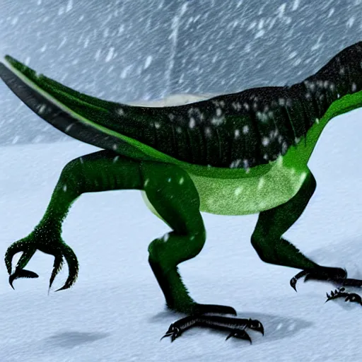 Image similar to Green Velociraptor with Black Stripes Walking through a Snowstorm, Paleoart, Digital Art on Artstation