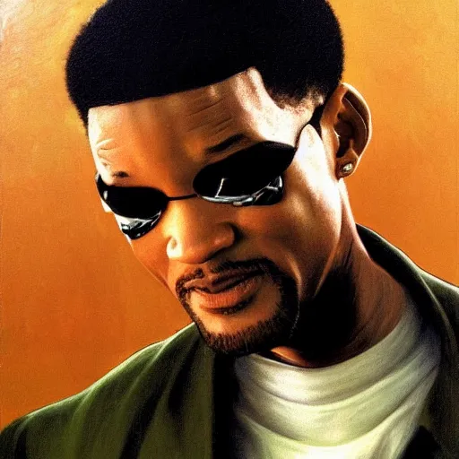 Prompt: Painting of Will Smith as Neo in The Matrix. Art by william adolphe bouguereau. During golden hour. Extremely detailed. Beautiful. 4K. Award winning.