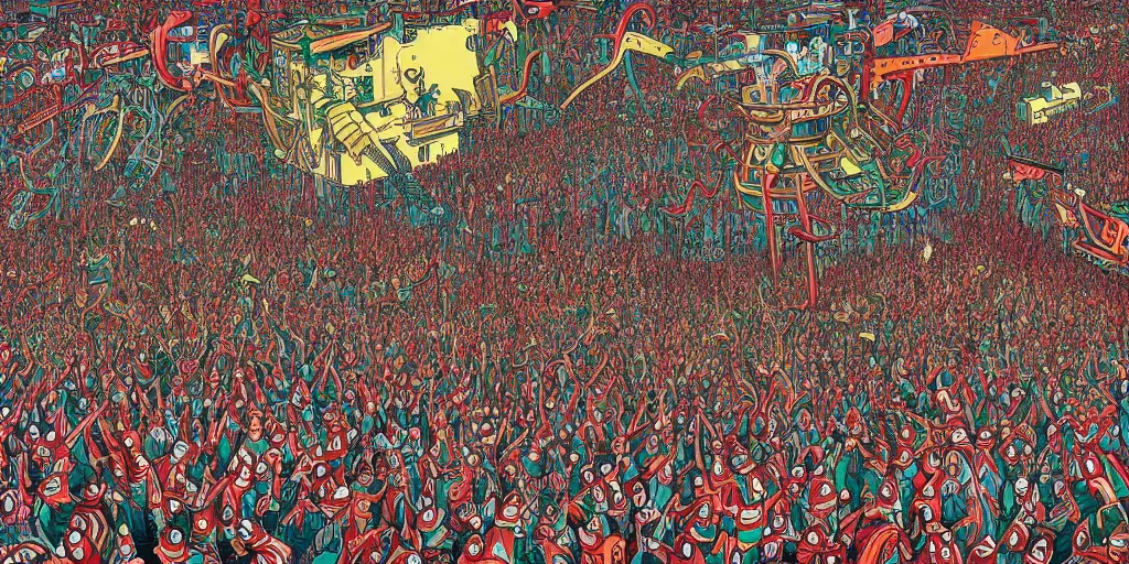Prompt: a hyper detailed gorgeous Where's Waldo illustration of the massacre and genocide of the DMT self transforming machine elves civilization