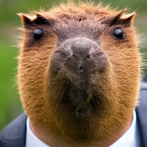 Image similar to capybara head, a man wearing a suit capybara head