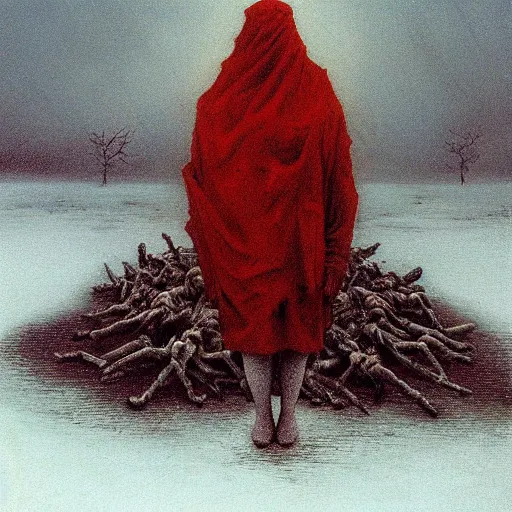 Prompt: a surrealist painting of a lonely woman with white skin and red hair standing over pile of bodies in post apocalyptic snowy landscape, painted by beksinski