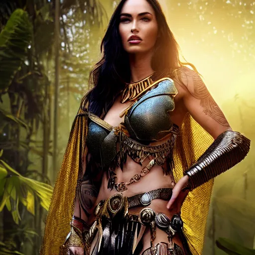 Image similar to full body photo of megan fox as a beautiful amazon warrior goddess wearing a flowing cape and golden chain mail armor, ornate jewelry, in the jungle, studio lighting, octane render, fashion photo by Arney freytag