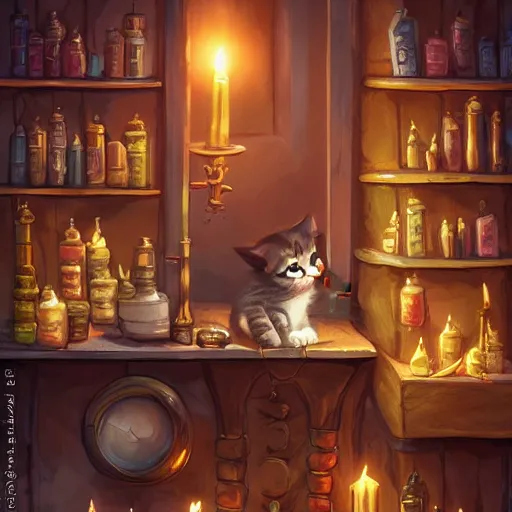 Image similar to beautiful fantasy illustration of an adorable kitten sleeping on the counter of a potion shop. candles, books. by andreas rocha and marc simonetti, trending on artstation 8k hq