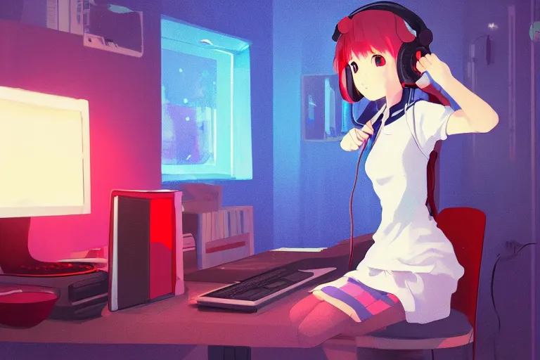 Prompt: lo - fi anime girl playing computer games, wearing a blue cardigan and red aesthetic lo - fi headphones, brightly lit room, a lamp hovers above as it illuminates the room, illustrated by juan pablo machado, nighttime!!!!!!, cgsociety contest winner, artstation, golden ratio, dim lighting, studio ghibli!!!, 4 k