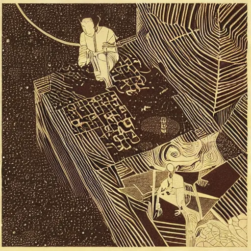 Image similar to “the meaning of life, woodblock, black fine lines on warm brown, by victo ngai, by stanley donwoood”