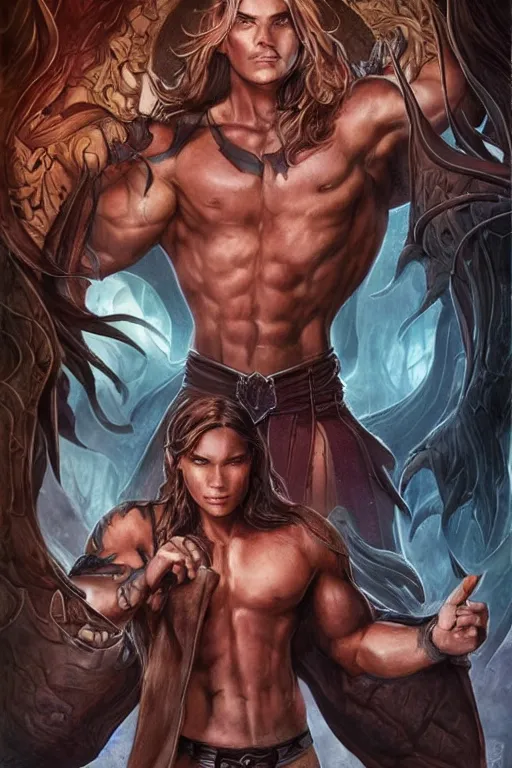 Image similar to muscular sam winchester as a mage tattooed in the cover of an acotar book, sarah j. maas, d & d!, fantasy style, sharp focus!, ultra detailed, art by artgerm and peter andrew jones, wlop