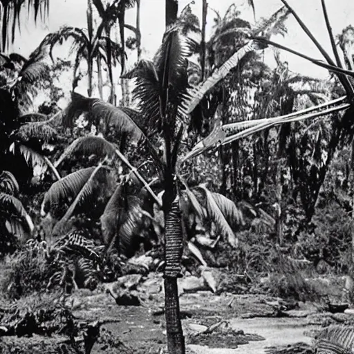 Image similar to a rizom lost film footage of a sacred ( ( ( indigenous ) ) ) artifact in the middle of the ( ( ( ( ( ( ( ( ( ( tropical jungle ) ) ) ) ) ) ) ) ) ) / ethnographic object / film still / cinematic / enhanced / 1 9 0 0 s / black and white / grain