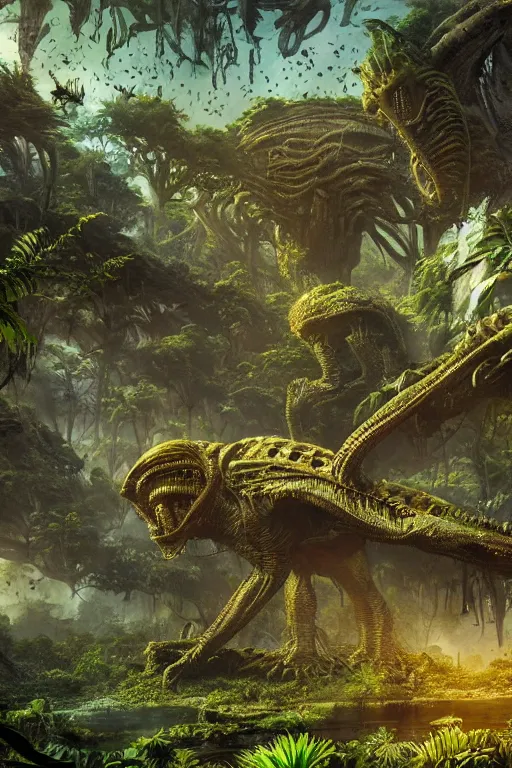 Image similar to alien hive in the exotic jungle, landscape, alex ross, giga, david finch, concept art, matte painting, highly detailed, rule of thirds, dynamic lighting, cinematic, detailed, denoised, centerd