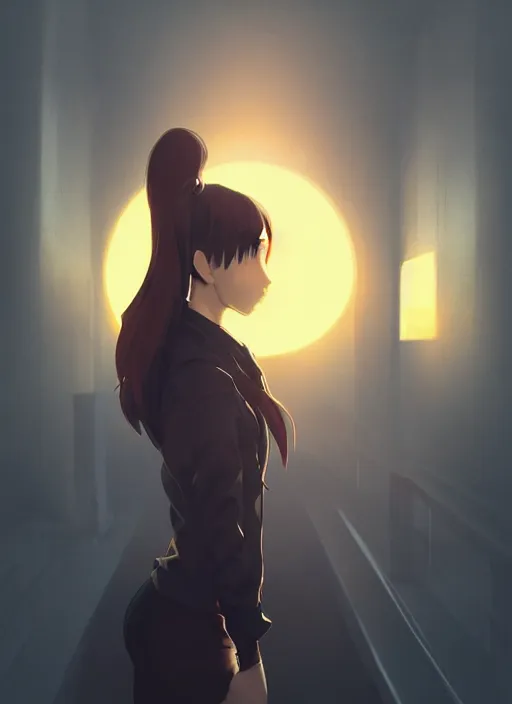 Prompt: black ponytail hair, pale woman in a black zipper jacket, yellow eyes, by artgerm, hair tied in a ponytail, white backdrop, soft lighting, night scene, by greg rutkowski makoto shinkai takashi takeuchi