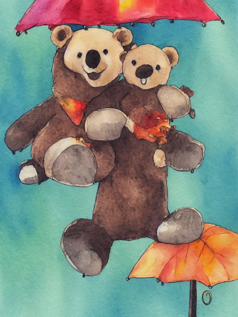 Image similar to autumn a bear with an umbrella watercolor by arti chauhan trending on artstation