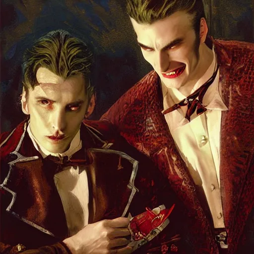 Image similar to attractive male, arthur pendragon confesses his love to attractive male dracula the vampire. highly detailed painting by gaston bussiere, craig mullins, j. c. leyendecker 8 k