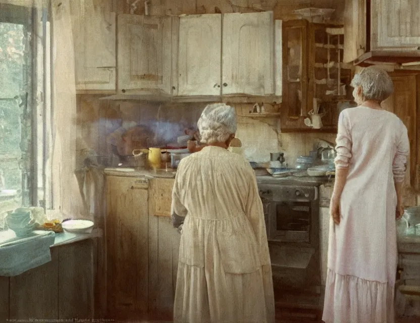 Image similar to grandmother cooking in a kitchen in country house, back view, cottage core, cinematic focus, polaroid photo bleached vintage pastel colors high - key lighting, soft lights, foggy, by steve hanks, by lisa yuskavage, by serov valentin, by tarkovsky, 8 k render, detailed, oil on canvas