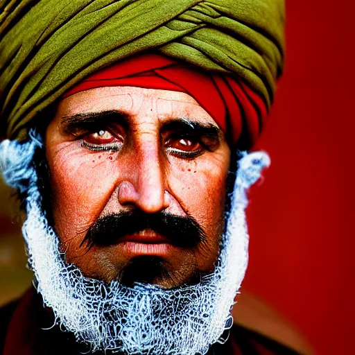 Image similar to portrait of president millard fillmore as afghan man, green eyes and red turban looking intently, photograph by steve mccurry