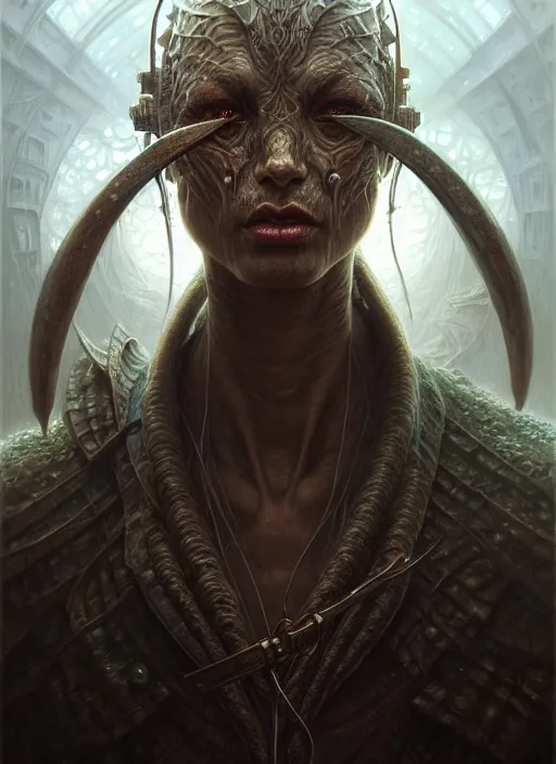 Image similar to closeup portrait shot of a demon hunter in a scenic dystopian environment, intricate, elegant, highly detailed, centered, digital painting, artstation, concept art, smooth, sharp focus, illustration, artgerm, tomasz alen kopera, peter mohrbacher, donato giancola, joseph christian leyendecker, wlop, boris vallejo