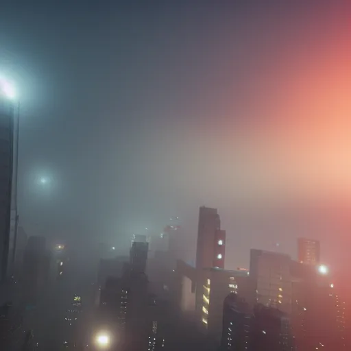 Image similar to sky shot of a blade runner 2 0 4 9 city covered with fog, highly detailed, photorealistic portrait, bright studio setting, studio lighting, crisp quality and light reflections, unreal engine 5 quality render