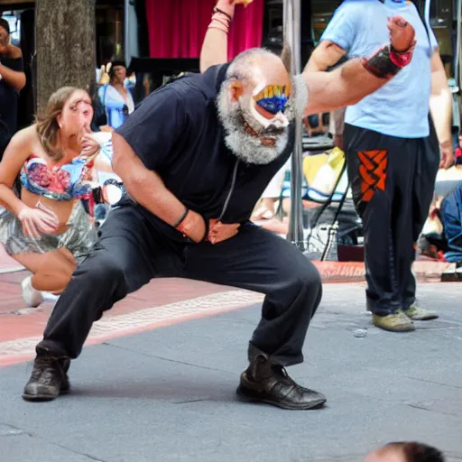 Image similar to mr. t street performer body slamming old man, detailed facial expressions