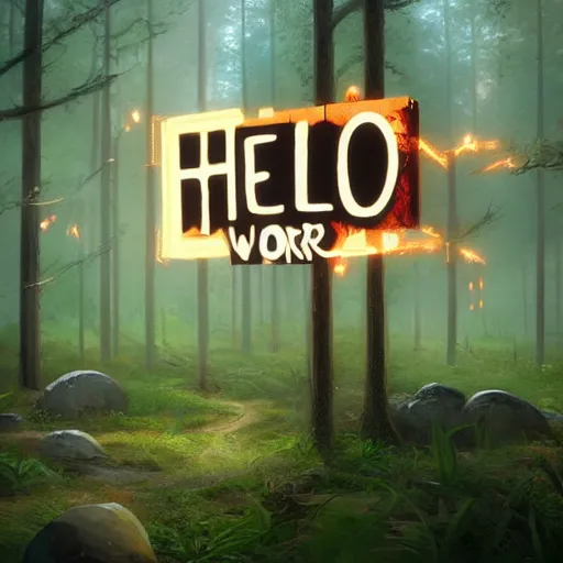 Image similar to 'Hello World' sign in a fairy forest, by Beeple, RHADS, and Greg Rutkowski, trending on artstation, unreal engine, 4k, high quality render, digital art