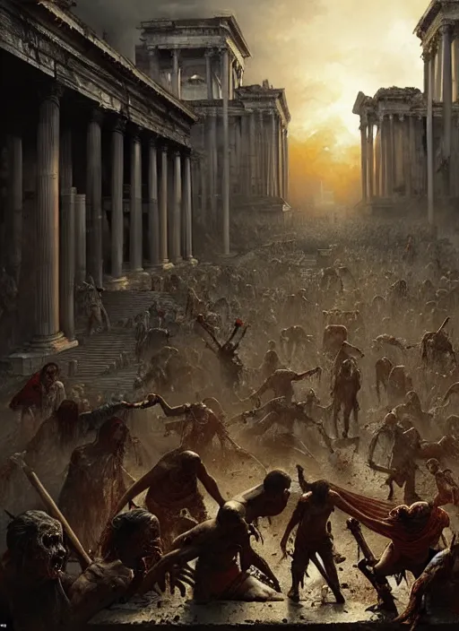 Image similar to masterpiece concept art, exorcist in a zombie apocalypse in ancient rome, by greg rutkowski and geof darrow, 8 k, intricate detail, cinematic lighting
