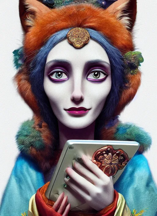 Prompt: an anthropomorphic beautiful goddess female wizard made of fox portrait holding a portable computer wearing colourful robe, fine art, award winning, intricate, elegant, sharp focus, octane render, hyperrealistic, cinematic lighting, highly detailed, digital painting, 8 k concept art, art by jamie hewlett and z. w. gu, masterpiece, trending on artstation, 8 k