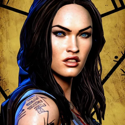 Prompt: megan fox portrait, borderlands, tales from the borderlands cinematic lighting, studio quality, 8 k