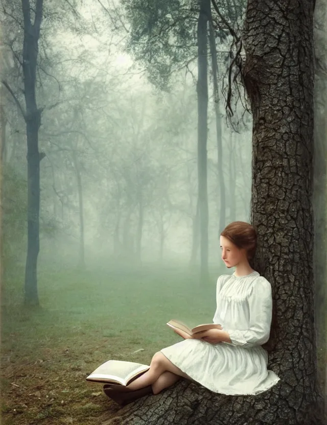 Image similar to peasant Girl in white reading a book sitting on a tree in a foggy forest, Cinematic focus, Polaroid photo, vintage, neutral colors, soft lights, by Steve Hanks, by Serov Valentin, by lisa yuskavage, by Andrei Tarkovsky 8k render, detailed, oil on canvas