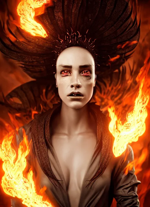 Image similar to hyperrealistic mixed media portrait of an evil female pyromancer, stunning 3d render inspired art by Lars Grant-West + perfect facial symmetry + dim volumetric lighting, ornate flowing robes, radiant fiery energy, swirling wispy smoke, 8k octane beautifully detailed render, post-processing, extremely hyperdetailed, intricate, epic composition, grim yet sparkling atmosphere, cinematic lighting + masterpiece, trending on artstation, Art Nouveau