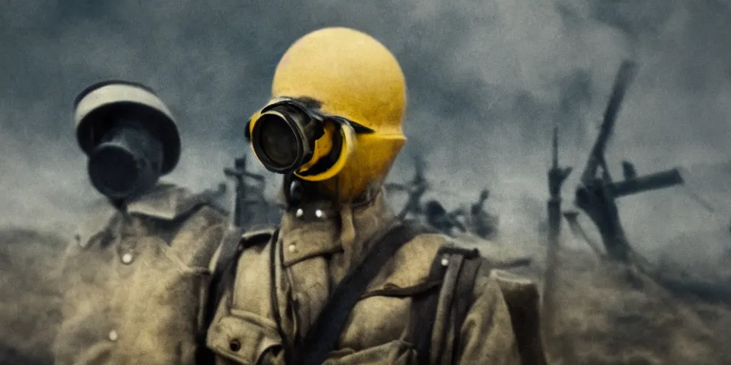 Image similar to wwi soldier wearing a gas mask, no man's land, yellow gas, cinematic, blue and yellow tones, atmospheric, anamorphic lens, shot on arri alexa