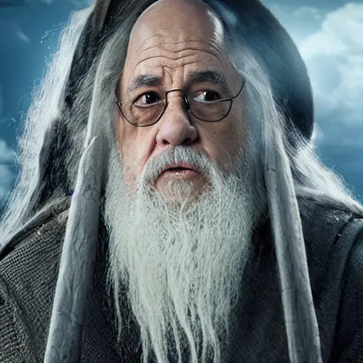 Image similar to film still of danny devito starring as gandalf the white in the 2 0 2 4 lord of the rings movie smoking, full body, hyper realistic, high quality, wide angle