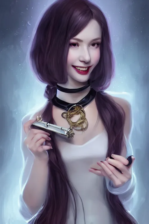 Image similar to portrait of a gorgeous young female artificer holding a strange device, looking at camera, D&D, choker on neck, stylish dress, mouth slightly open, cute slightly nerdy smile, very long flowing hair, intricate, elegant, stylish, fantasy, extremely detailed, digital painting, artstation, concept art, smooth, sharp focus, illustration, stunning lighting, art by artgerm and greg rutkowski and alphonse mucha and simon stalenhag