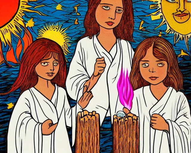 Prompt: Children in white robes with glowing pink eyes and sun ray flame hair and bare feet holding lit matches and singing flat folk art style