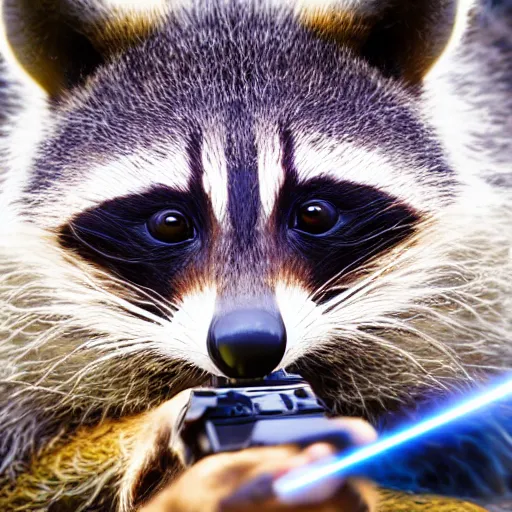 Image similar to racoon holding a laser gun, digital art , centred award winning 4K