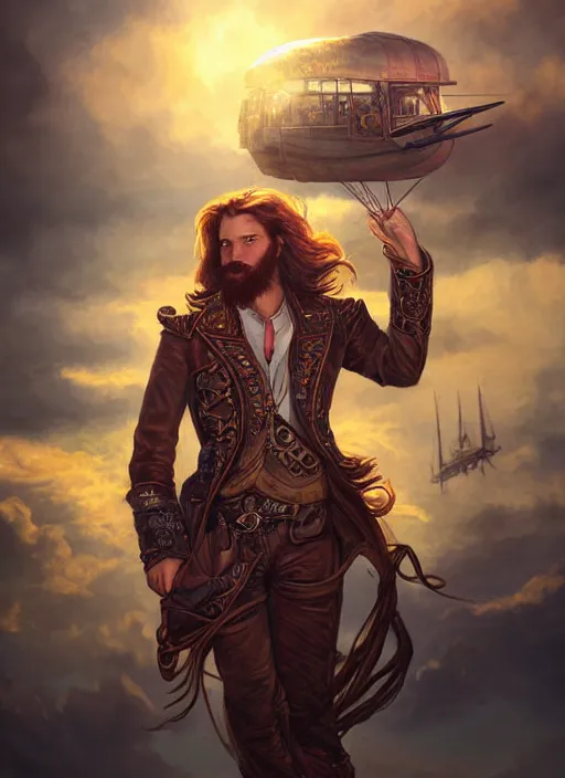 Image similar to portrait painting of a handsome face rugged long hair crimson hair male captain, top half portrait soft hair steampunk ornate mechanical zeppelin airship in the background sky sunset golden hour fantasy rugged book cover art atmospheric lighting art by mullins rutkowski bussiere