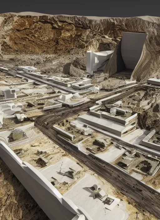 Image similar to bioremediation white mining tailing futuristic horizontal architecture in chuquicamata, epic, cinematic, hyperealistic, high detailed, corona render, hdr, ray tracing