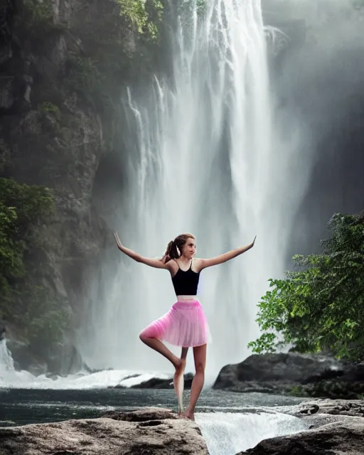 Prompt: a photo of emma watson standing in a yoga pose wearing short translucent skirt and translucent top standing underneath a waterfall, natural light :: trending on artstation, morning, photoreal, ue5