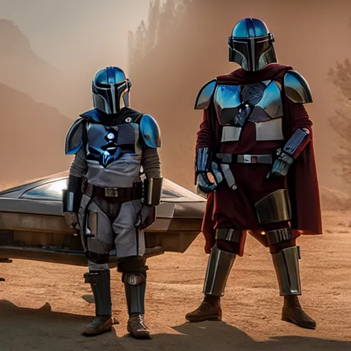 Image similar to stunning awe inspiring the mandalorian standing next to a delorean, movie still 8 k hdr atmospheric lighting