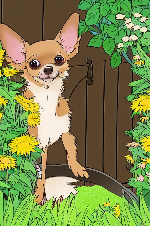 Prompt: A black and tan chihuahua looks through her garden gate, cel shaded cartoon in the style of studio Ghibli, sunny morning, cinematic lighting, summer