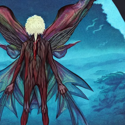 Image similar to 4K headshot of mothman holding something and bloody clothes with giant wings , intricate face , flawless anime cel animation by Kentaro Miura,psychedelic , highly detailed upper body , professionally post-processed , beautiful, scary, symmetry accurate features, epic, octane rendered, anime masterpiece, accurate